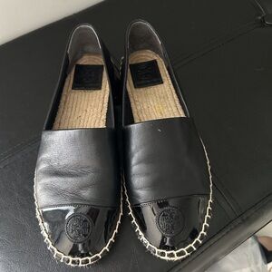 Tory Burch Black Leather Espadrille Flats